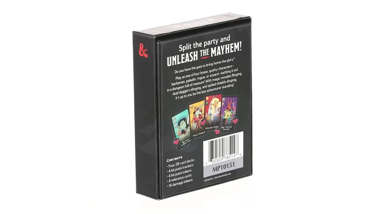 Pudełko gry karcianej D&D z hasłem "Unleash the Mayhem!". Zawiera cztery talie, liczniki punktów życia i obrażeń, karty referencyjne. Idealne na dungeon mayhem!