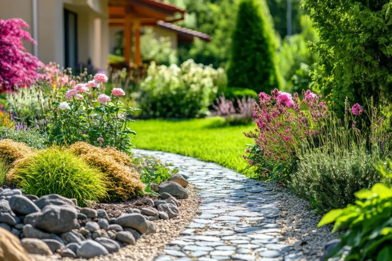 Ein geschwungener Steinweg führt durch einen blühenden Garten mit Rosen und Lavendel. Tolle Garten Ideen für Ihr Zuhause.