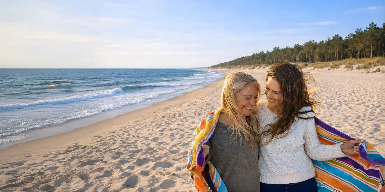 Dwie kobiety cieszą się wspólnym noclegiem w Łebie, otulone kolorowym ręcznikiem na piaszczystej plaży.