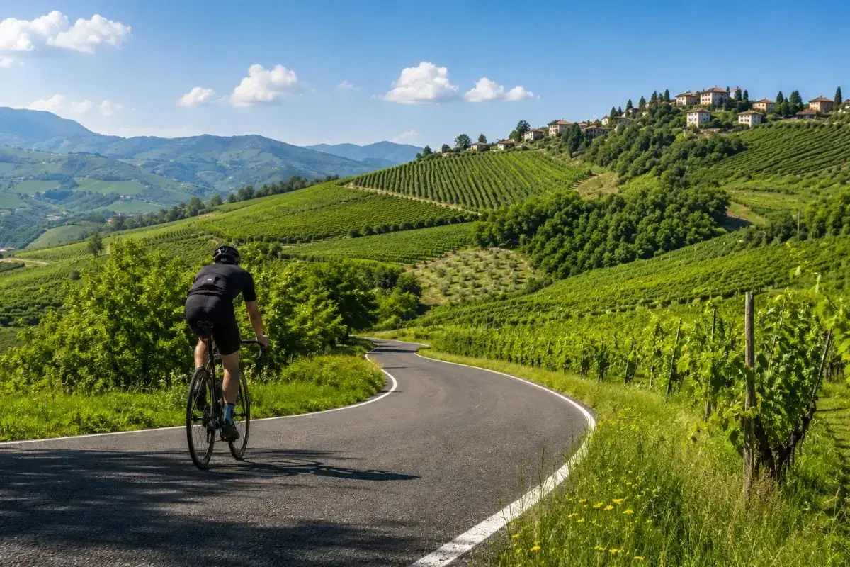 Ciclista su strada panoramica tra vigneti rigogliosi, esplorando i **percorsi ad anello Oltrepò Pavese**.