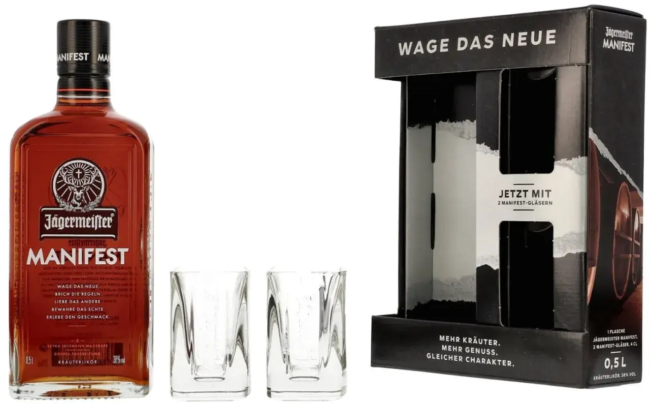 Zestaw Jägermeister Manifest: butelka 0,5l, dwa kieliszki i opakowanie z hasłem "WAGE DAS NEUE".