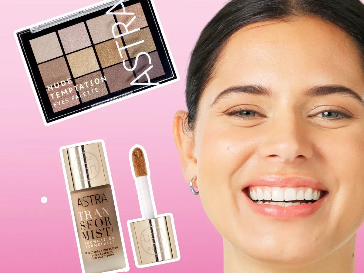 Palette occhi nude e fondotinta correttore Astra per un trucco occhi impeccabile.