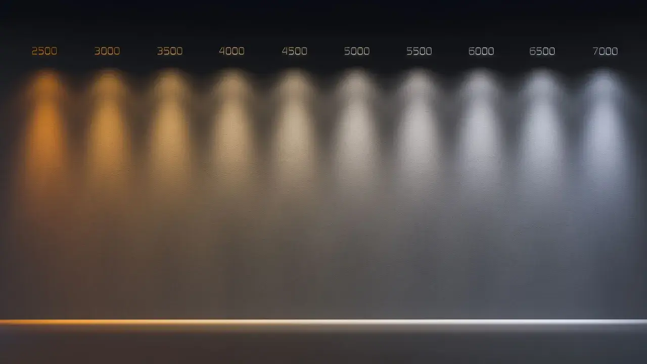 Muestra la progresión de la temperatura de color de las luces, desde un cálido naranja hasta un frío azulado, con números indicando cada nivel.