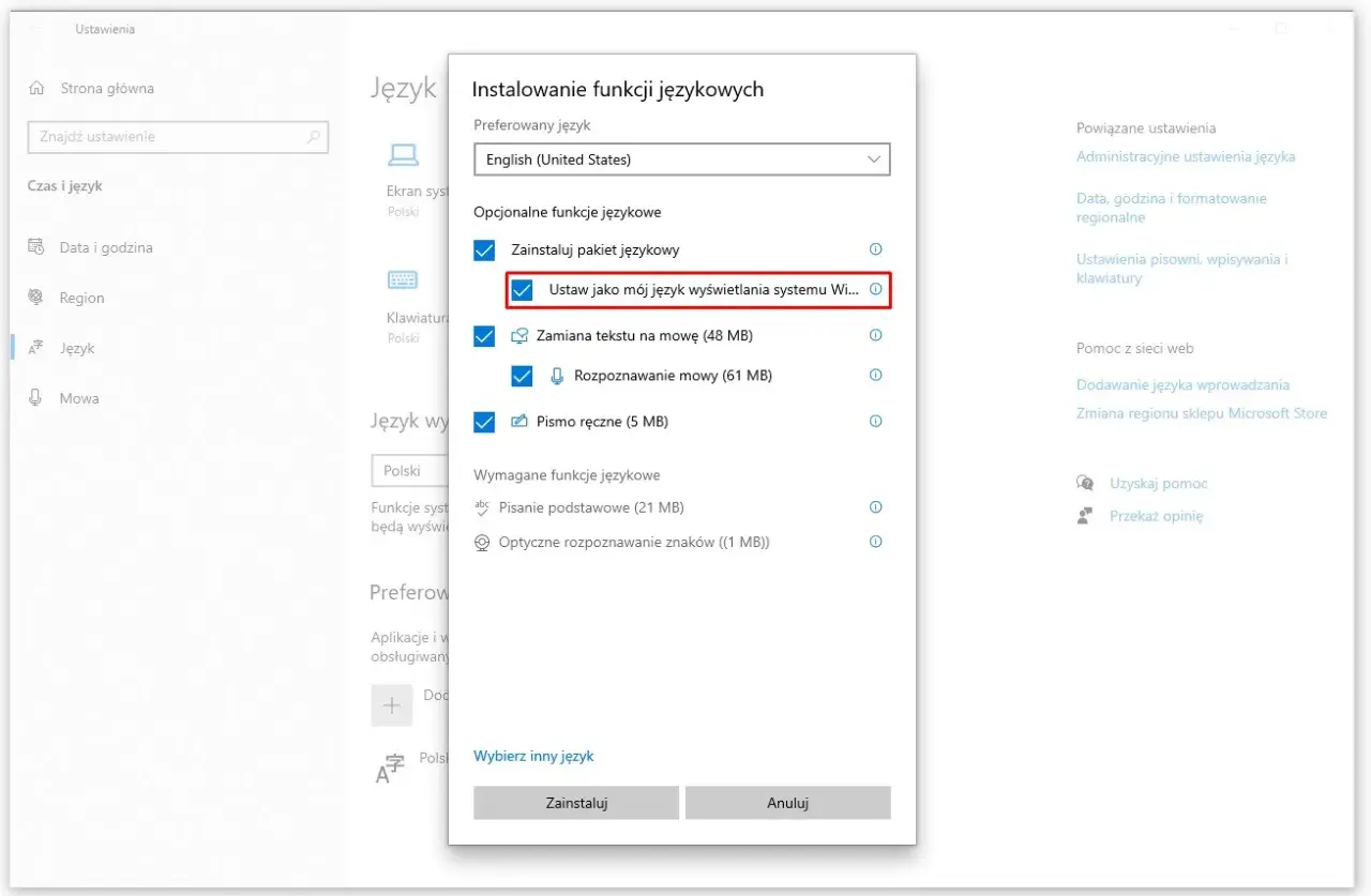 Instalowanie pakietów językowych Windows 7. Zaznaczono opcję "Ustaw jako mój język wyświetlania systemu".