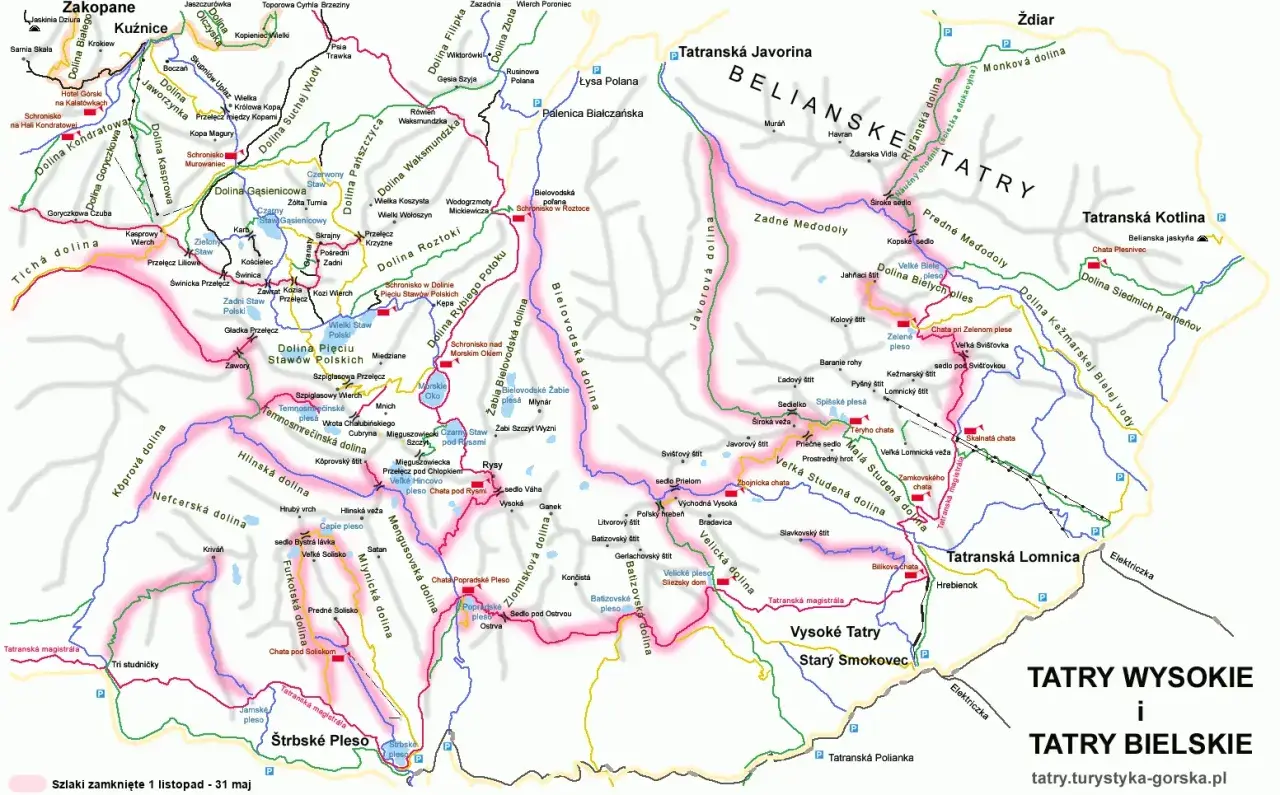 Mapa Tatr Słowackich zimą: szlaki, doliny, schroniska i szczyty. Widok na Tatry Wysokie i Bielskie.