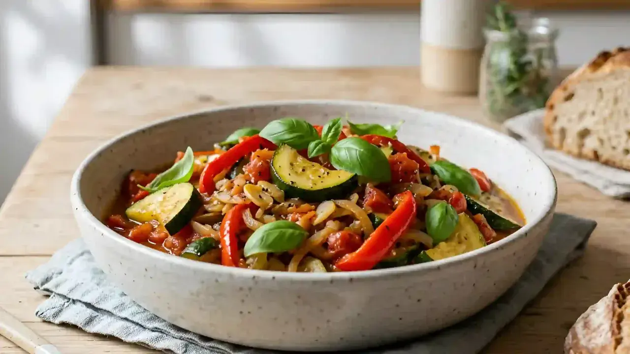 Poêlée de poivrons à l'italienne, un plat coloré de courgettes, poivrons rouges, tomates et basilic frais, servi dans un bol rustique.