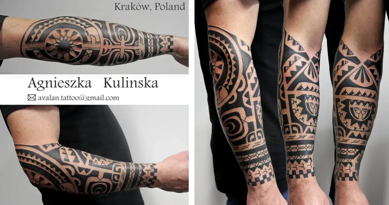 Imponujący tatuaż polinezyjski na przedramieniu, pełen geometrycznych wzorów i symboli.