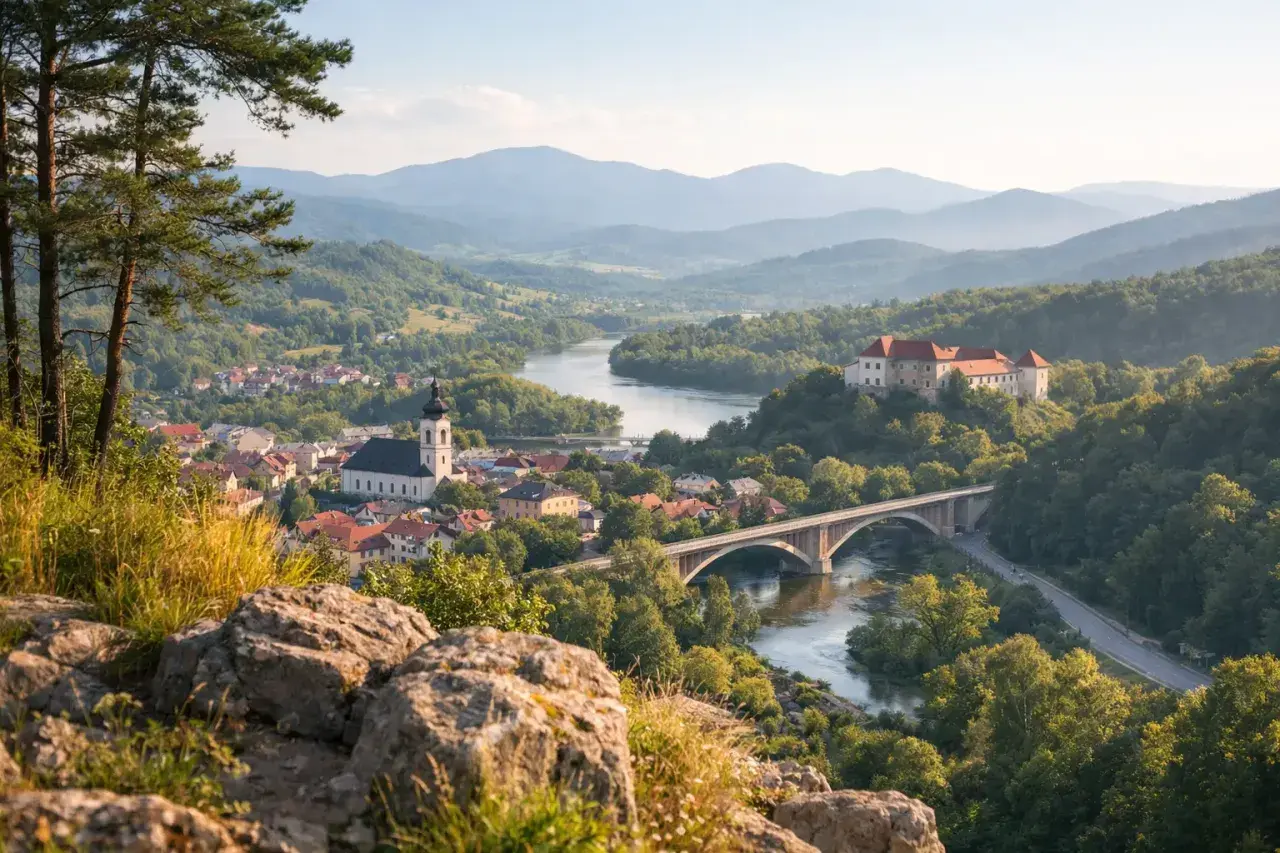 Widok na miasteczko z rzeką, mostem, kościołem i zamkiem na wzgórzu w otoczeniu gór.