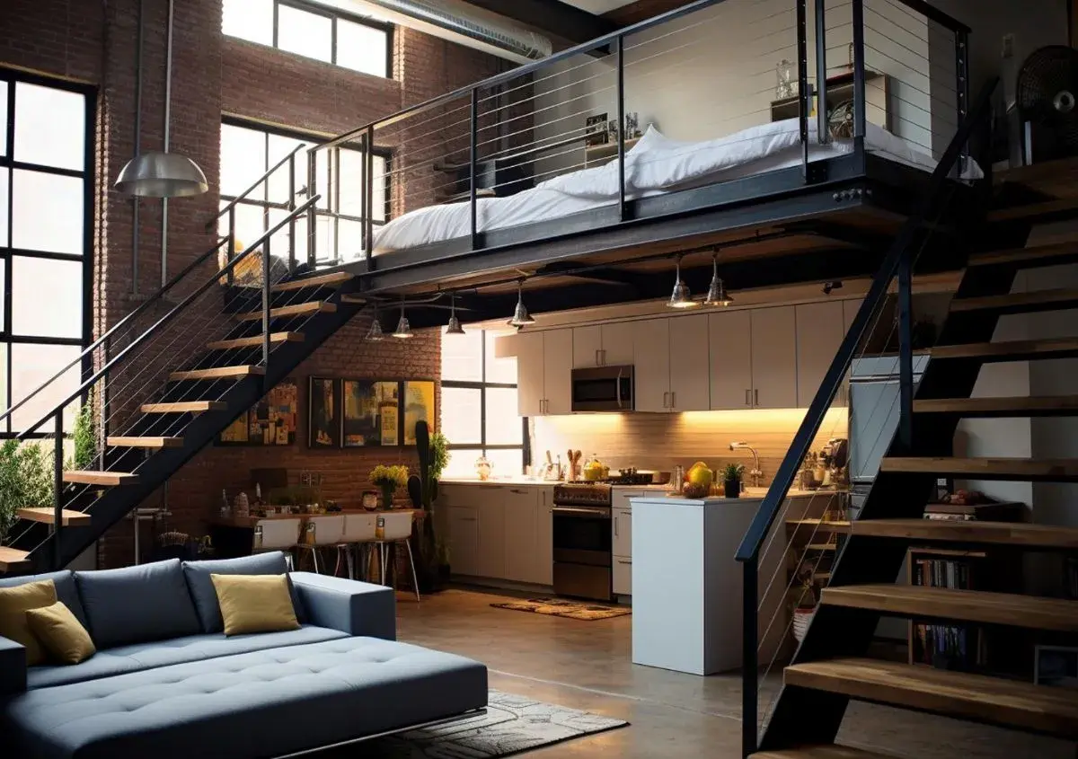 Un loft moderno con soppalco in legno, letto sopra la cucina, scale a vista e un divano blu. Ottime idee per soppalco in legno.