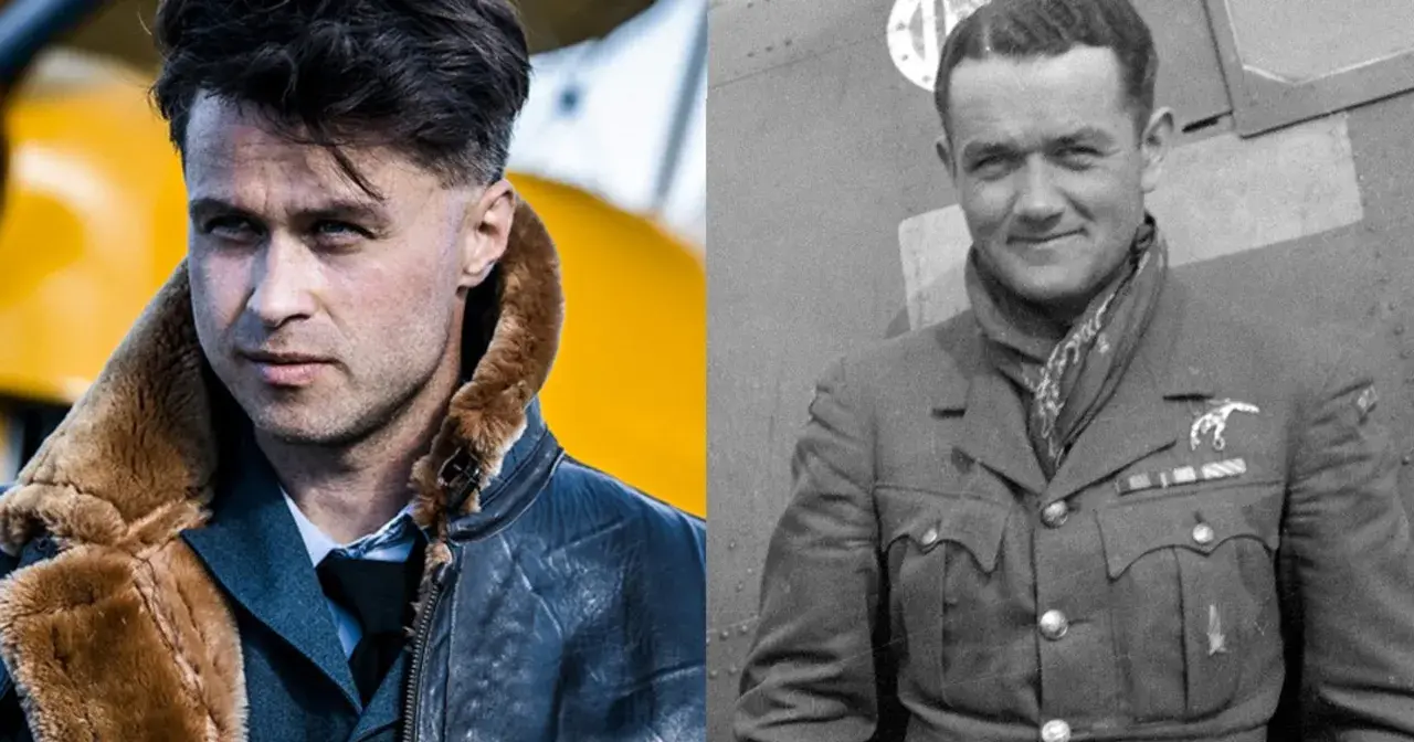 Dwóch pilotów, jeden współczesny w kurtce lotniczej, drugi z epoki, w mundurze z odznaczeniami, symbolizuje legendarny dywizjon 303.