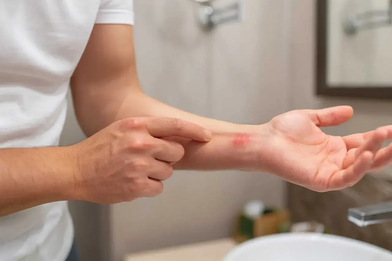 En person pekar på en röd, irriterad fläck på sin handled. Huden ser torr ut, kanske tecken på torra knogar.