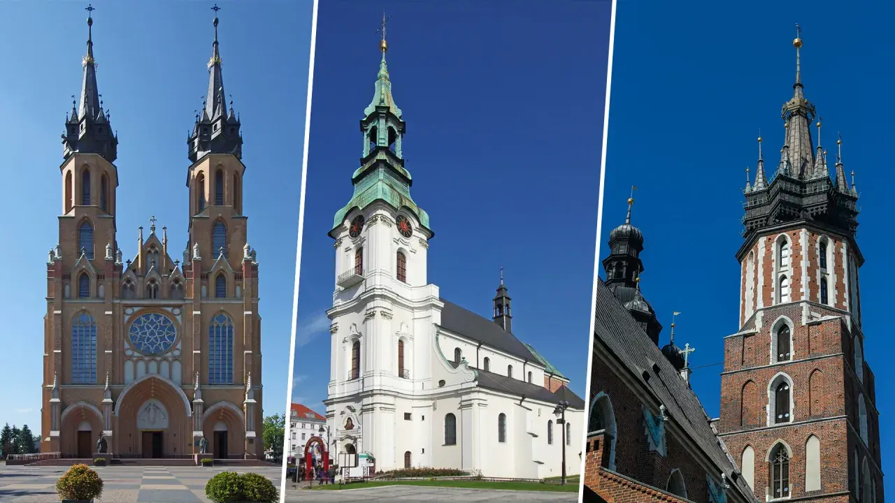 Trzy imponujące budowle: bazylika archikatedralna z dwiema wieżami, biały kościół z zieloną kopułą i wieża z cegły.