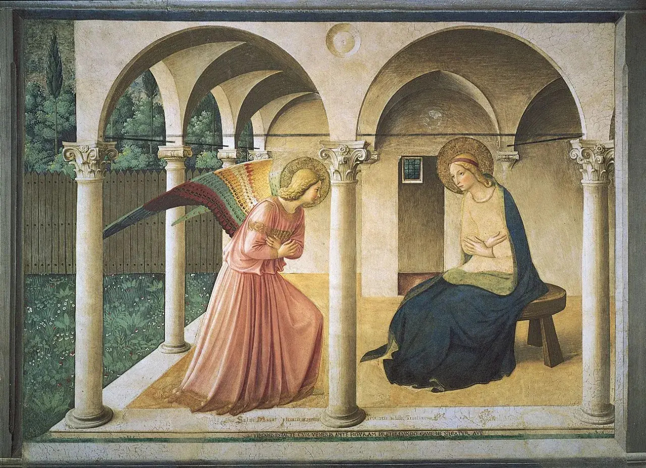 Annunciation fresco painting: Angel Gabriel kneels before the Virgin Mary, announcing her divine pregnancy.