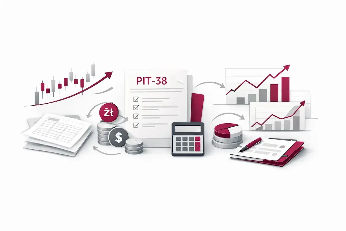 Grafika przedstawia elementy związane z finansami: wykresy giełdowe, PIT-38, kalkulator, monety z symbolem złotówki i dolara, stosy dokumentów i wykresy słupkowe. To wszystko symbolizuje zarządzanie **kapitałem** i rozliczenia podatkowe.