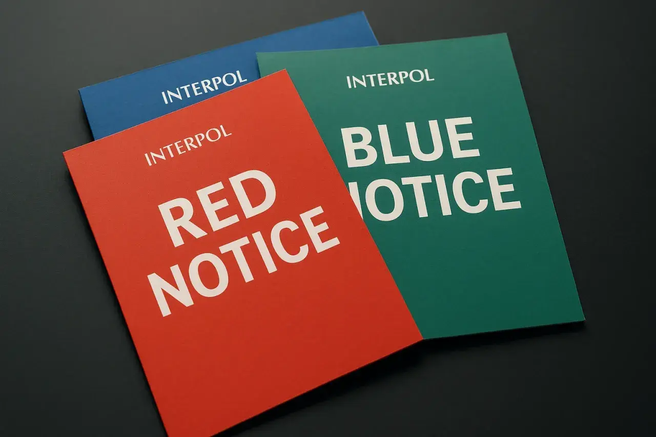 Trzy dokumenty Interpolu: czerwona nota, zielona z napisem "BLUE NOTICE" i niebieska.