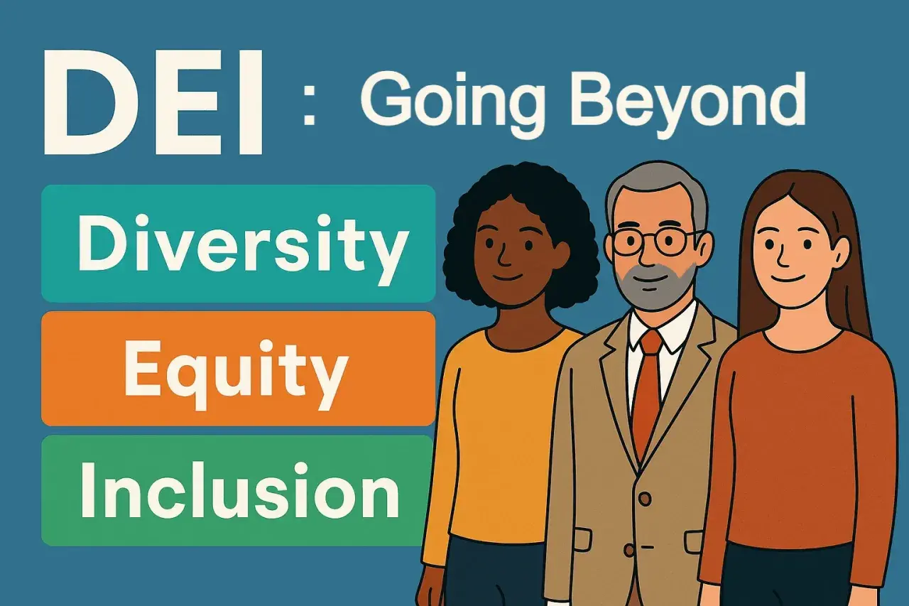 DEI: Going Beyond Diversity, Equity, and Inclusion in business. Three diverse people stand together, representing a commitment to a fair and inclusive workplace.