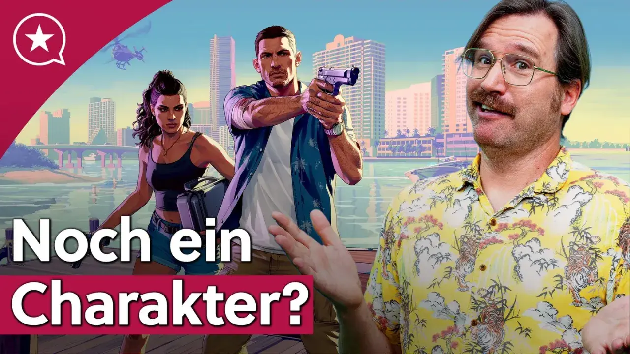 Der trailer gta 6 zeigt Charaktere vor einer Stadtkulisse. Ein Mann mit Waffe, eine Frau mit Koffer und ein Mann mit Hawaiihemd.