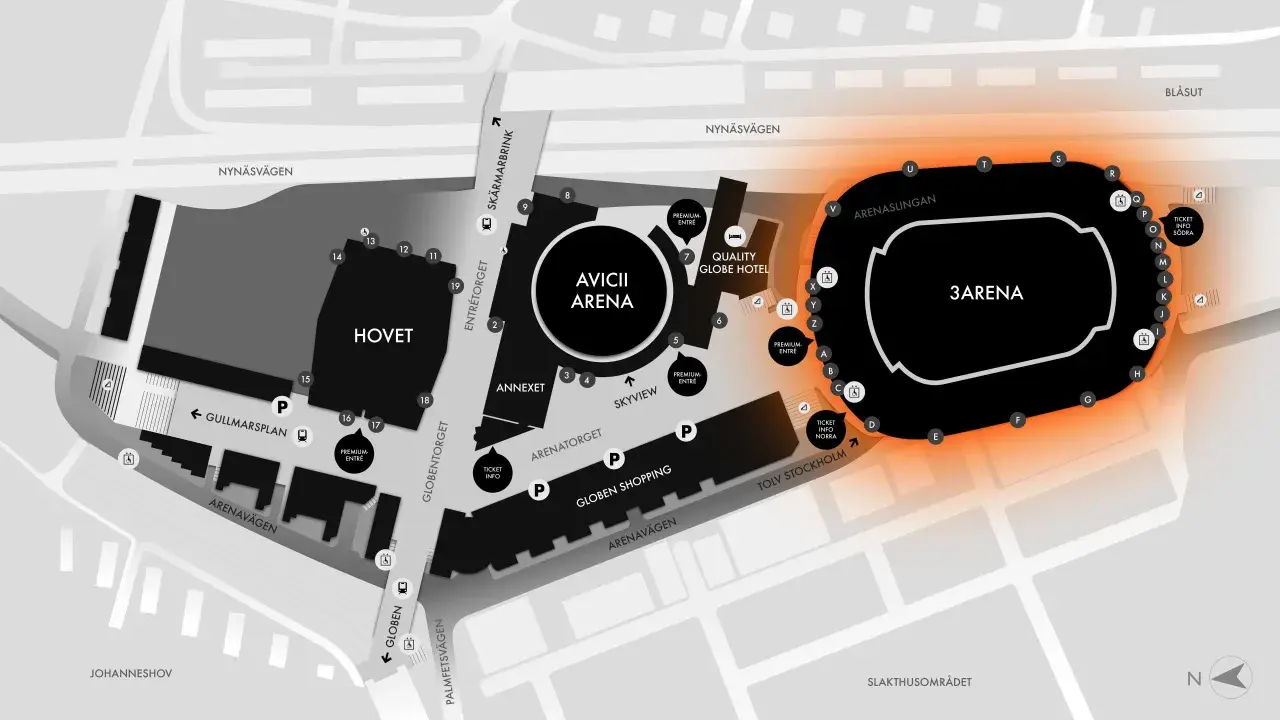 Karta över Tele2 Arena och närliggande områden. Visar entréer, hotell och shopping inför en konsert.