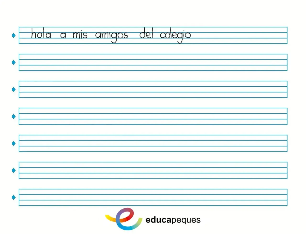 Hoja de práctica para mejorar caligrafía niños. Líneas guía para escribir "hola a mis amigos del colegio".