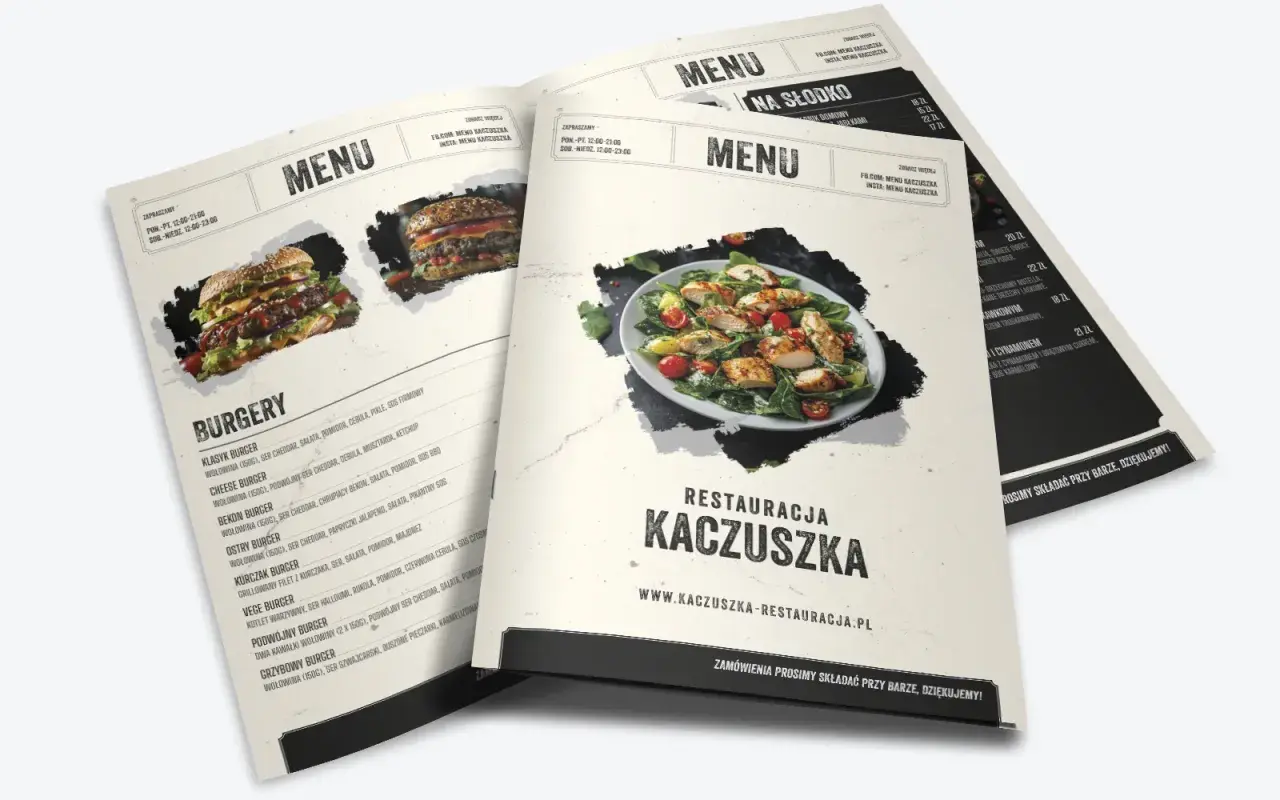 Rodzaje kart menu: burgery, dania na słodko i inne. Restauracja Kaczuszka zaprasza!