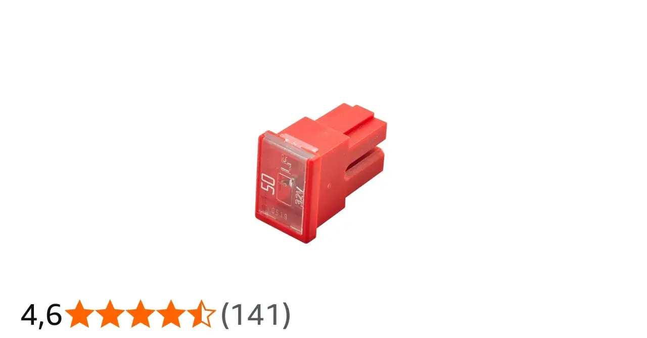 Fusibile rosso da 50A, 32V. Serve a proteggere i circuiti da sovraccarichi e cortocircuiti, evitando danni ai dispositivi.