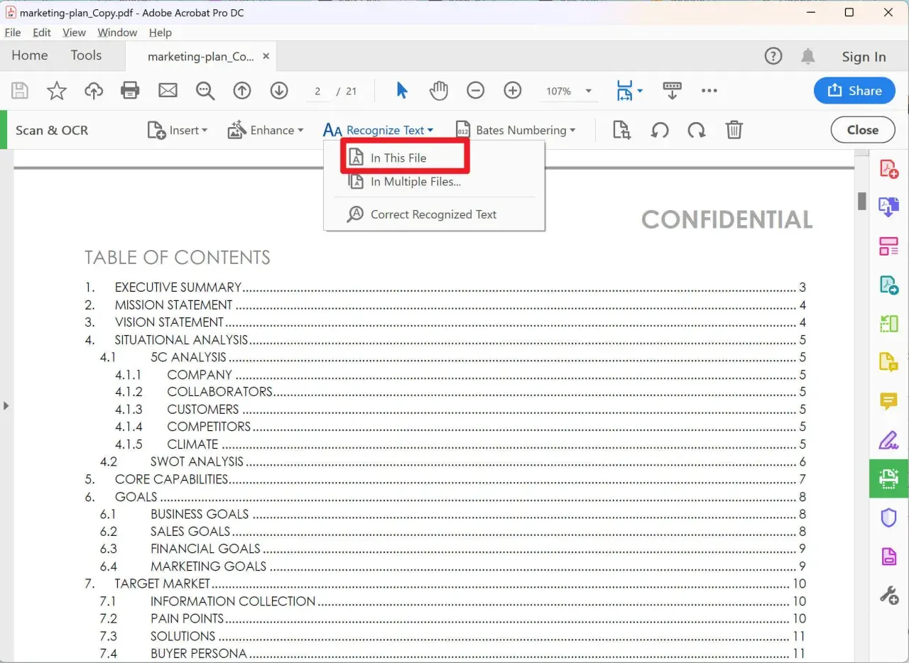 Menu Adobe OCR: opcja "Rozpoznaj tekst w tym pliku" jest podświetlona. Widoczny spis treści dokumentu "marketing-plan_Copy.pdf".