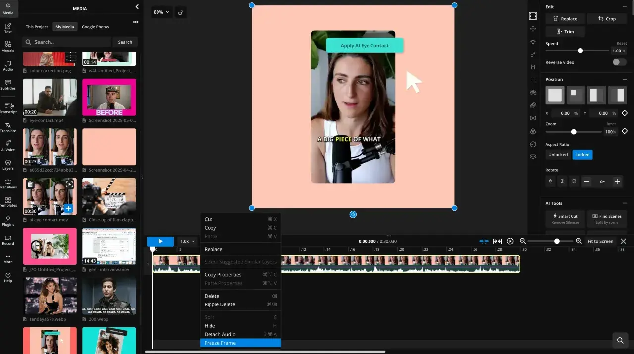 Animacja poklatkowa z kobietą, która klika "Apply AI Eye Contact". Widać panel edycji wideo.