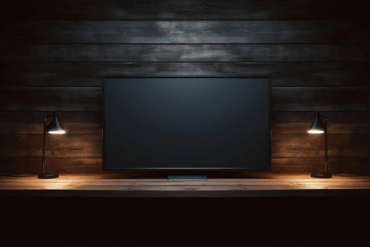 Ciemny ekran telewizora, dwie lampki po bokach. Brak obrazu w telewizorze, tylko pustka.