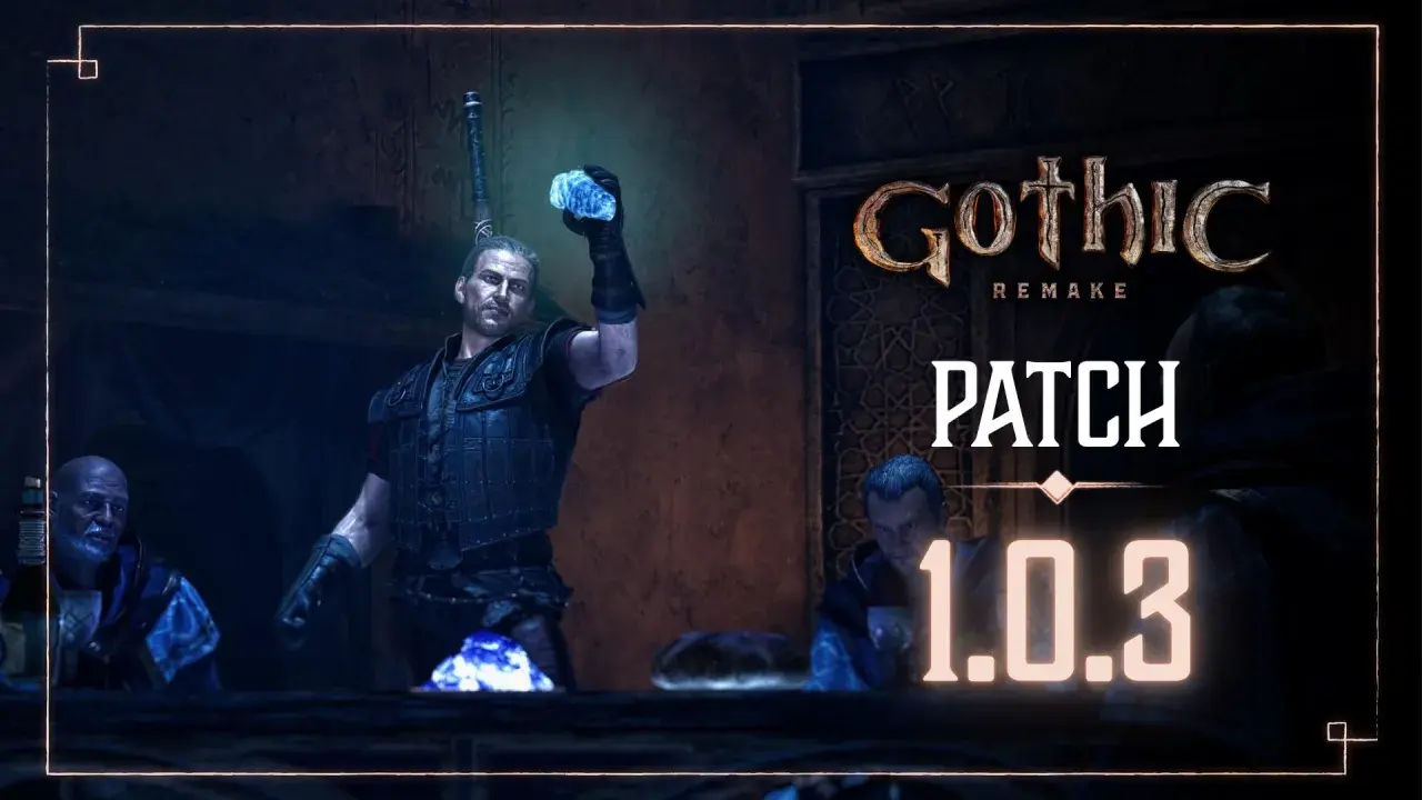 Gothic Remake Patch 1.0.3: Bohater z magicznym kryształem i towarzysze w mrocznym wnętrzu.