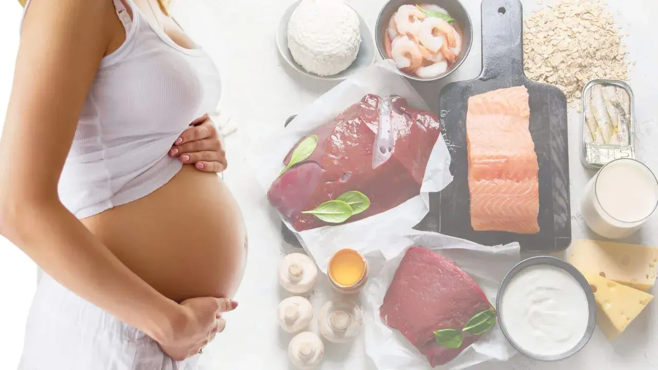 Schwanger mit Fokus auf Ernährung: Leber, Lachs, Garnelen, Milchprodukte und Eier gegen Vitamin B12 Mangel in der Schwangerschaft.