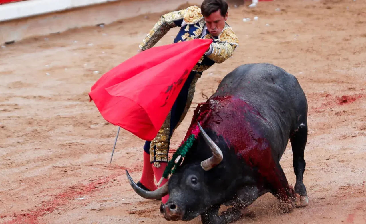 Un torero con traje de luces se enfrenta a un toro ensangrentado, evocando el origen de la tauromaquia.