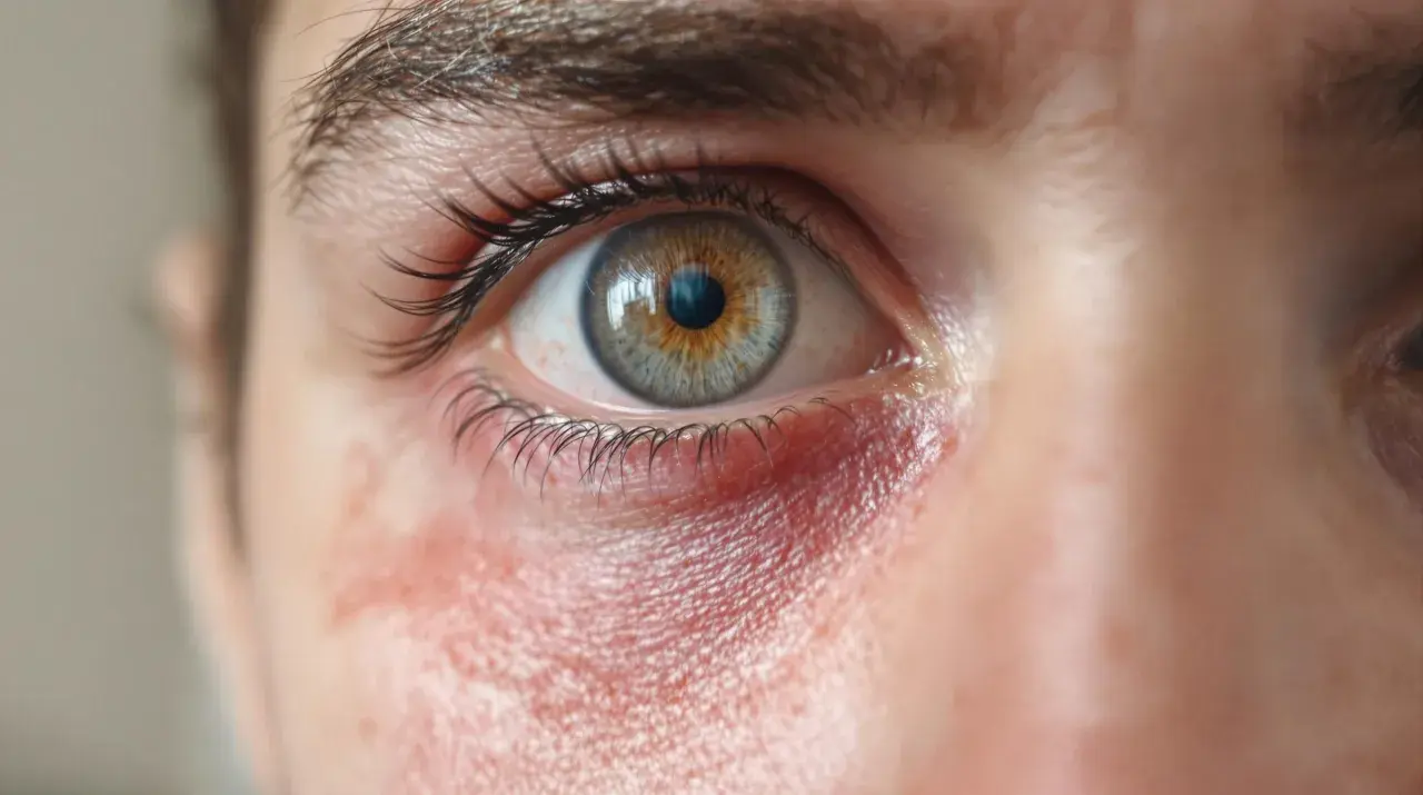Œil humain avec paupière rouge et irritée, signe d'une allergie au mascara.