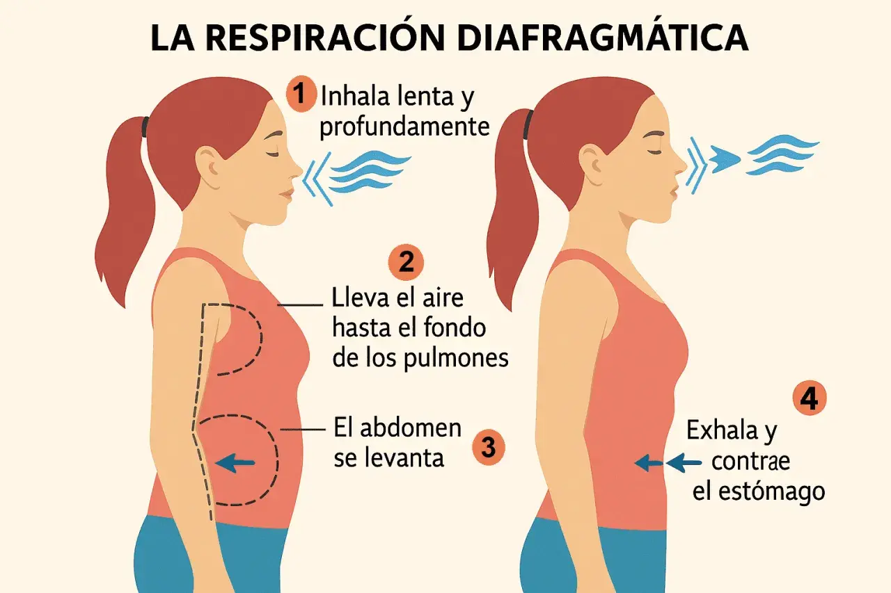 Ilustración de los pasos para una respiración consciente y diafragmática: inhalar profundo, llevar aire a los pulmones, abdomen se levanta, exhalar contrayendo estómago.