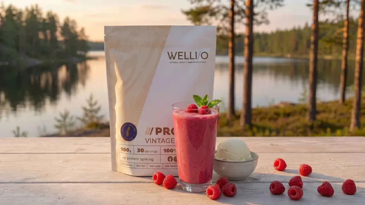 En protein smoothie med hallon och mynta, bredvid en påse proteinpulver och en skål vaniljglass, vid en sjö i solnedgången.