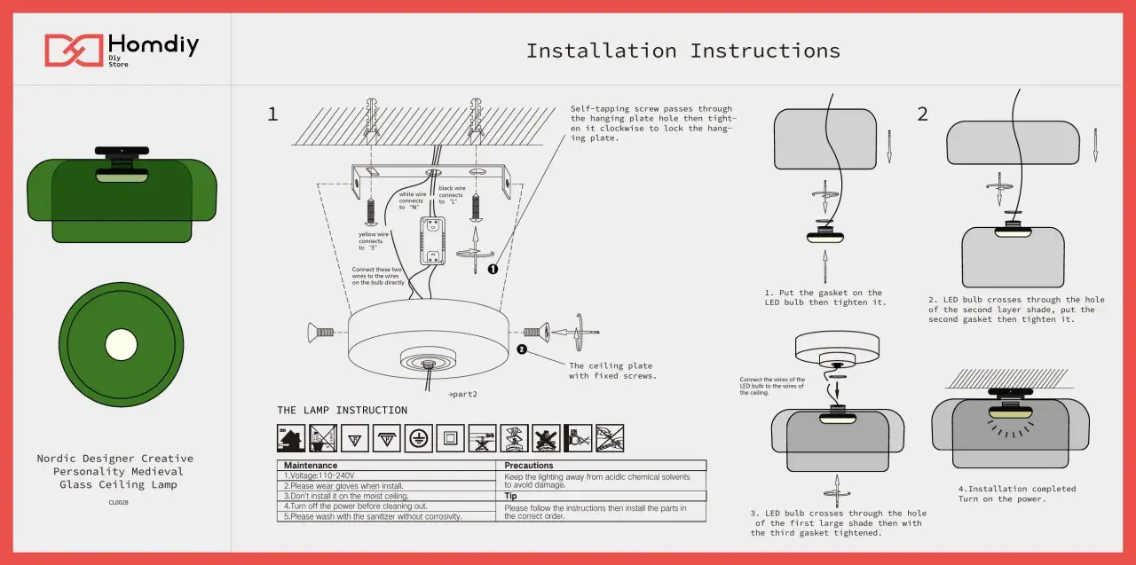 Instrucciones de instalación de lámparas con tulipas de cristal. Muestra el montaje paso a paso de una lámpara de techo.