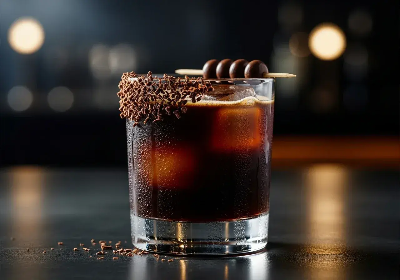 En isig black russian med chokladströssel på glaskanten och chokladkulor på en pinne.