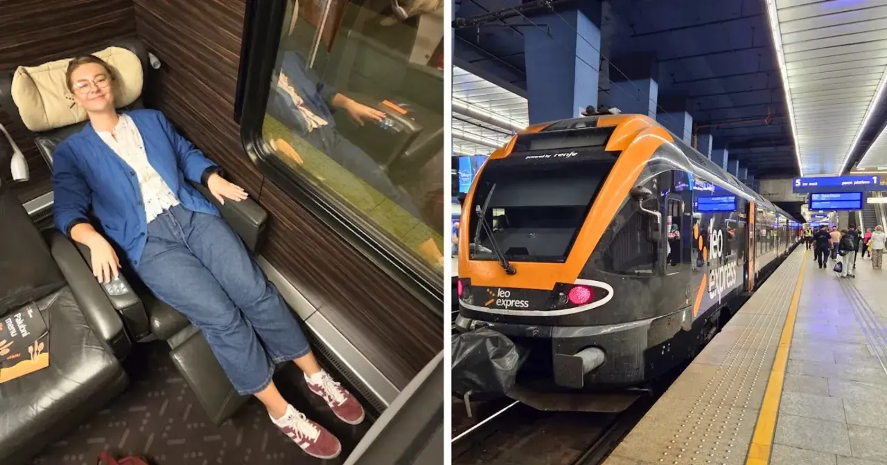 Kobieta w wygodnym fotelu w pociągu, gotowa na podróż z Krakowa do Zabrza. Obok nowoczesny pociąg Leo Express na peronie.