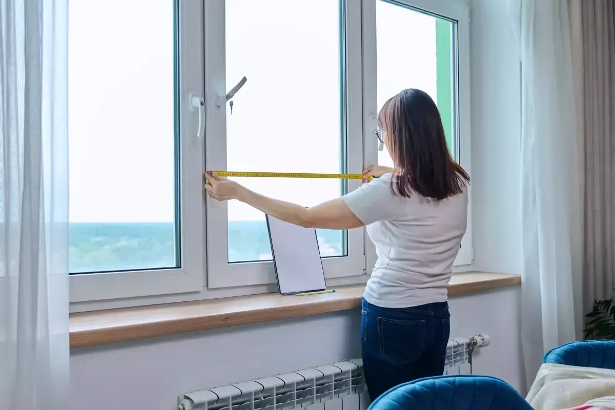Une femme mesure une fenêtre, pensant à l'avantage d'un achat immobilier neuf pour personnaliser son espace.