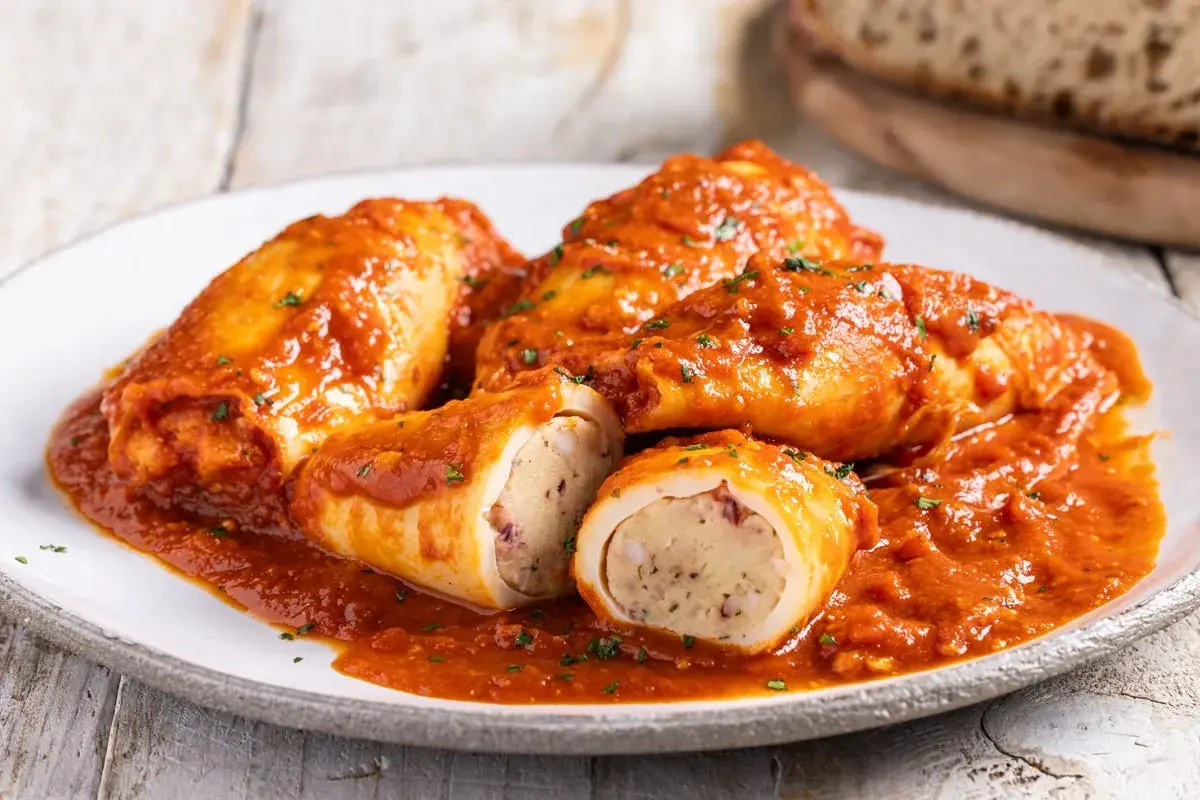 Calamari ripieni in padella, soffocati in un sugo rosso saporito, con un ripieno visibile e prelibato.