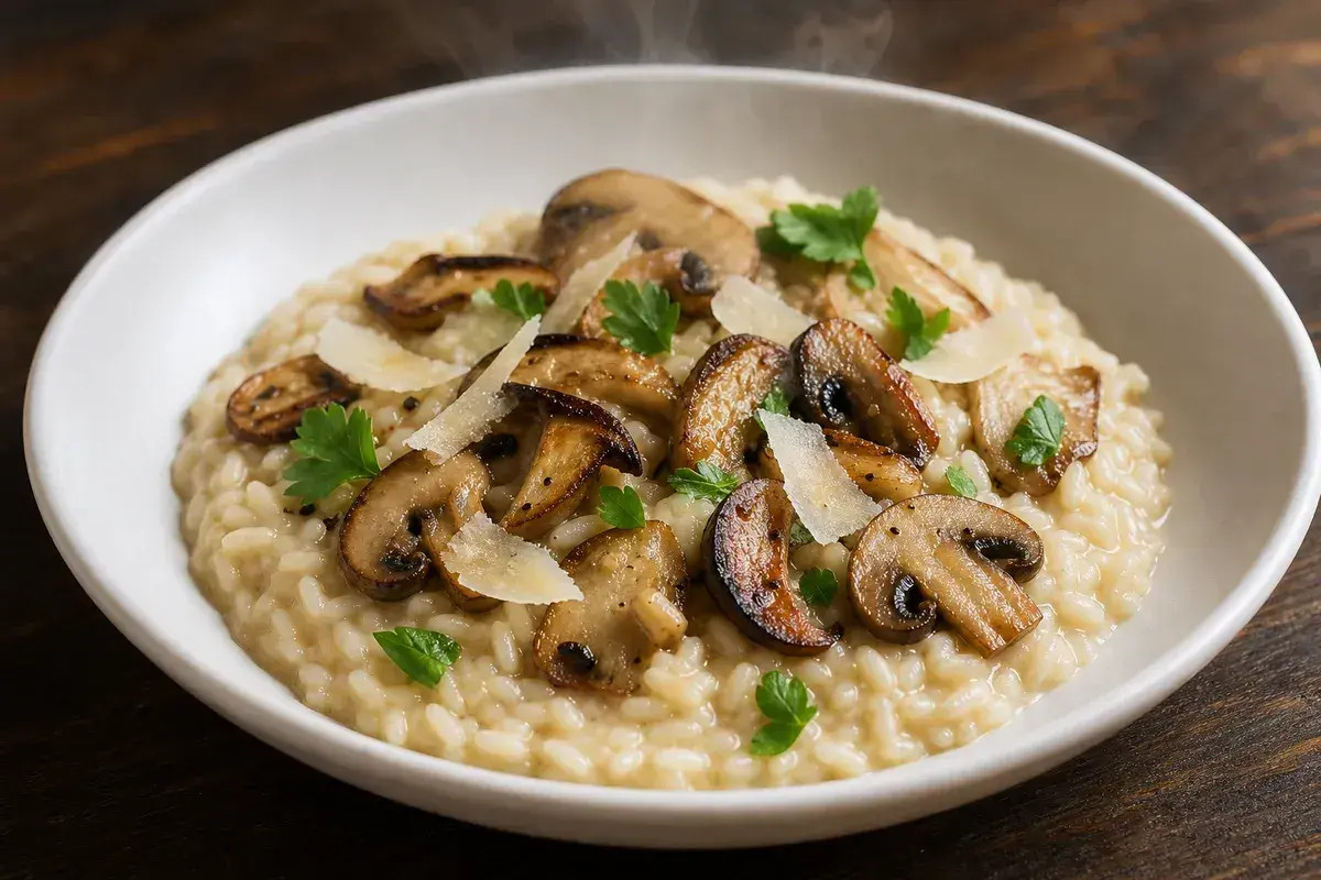 Un crémeux risotto champignon, garni de champignons poêlés, de copeaux de parmesan et de persil frais. Vapeur s'échappe.