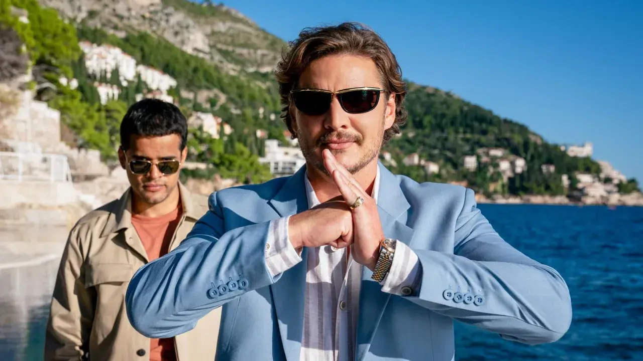 Pedro Pascal w błękitnej marynarce, z dłońmi złożonymi w geście, jakby zapowiadał kolejne z jego filmów i seriali.