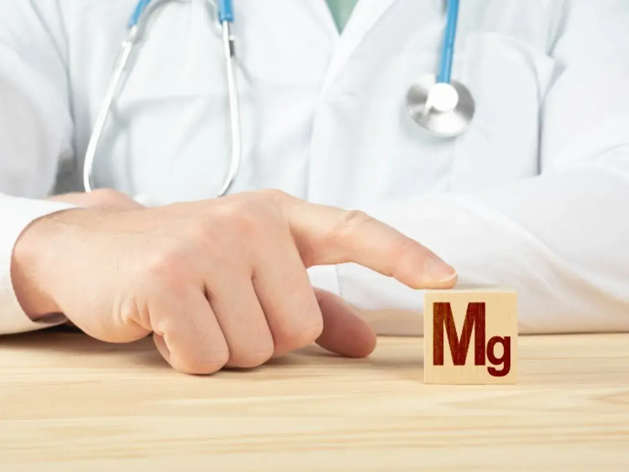 Lekarz w białym kitlu wskazuje palcem na kostkę z napisem "Mg".
