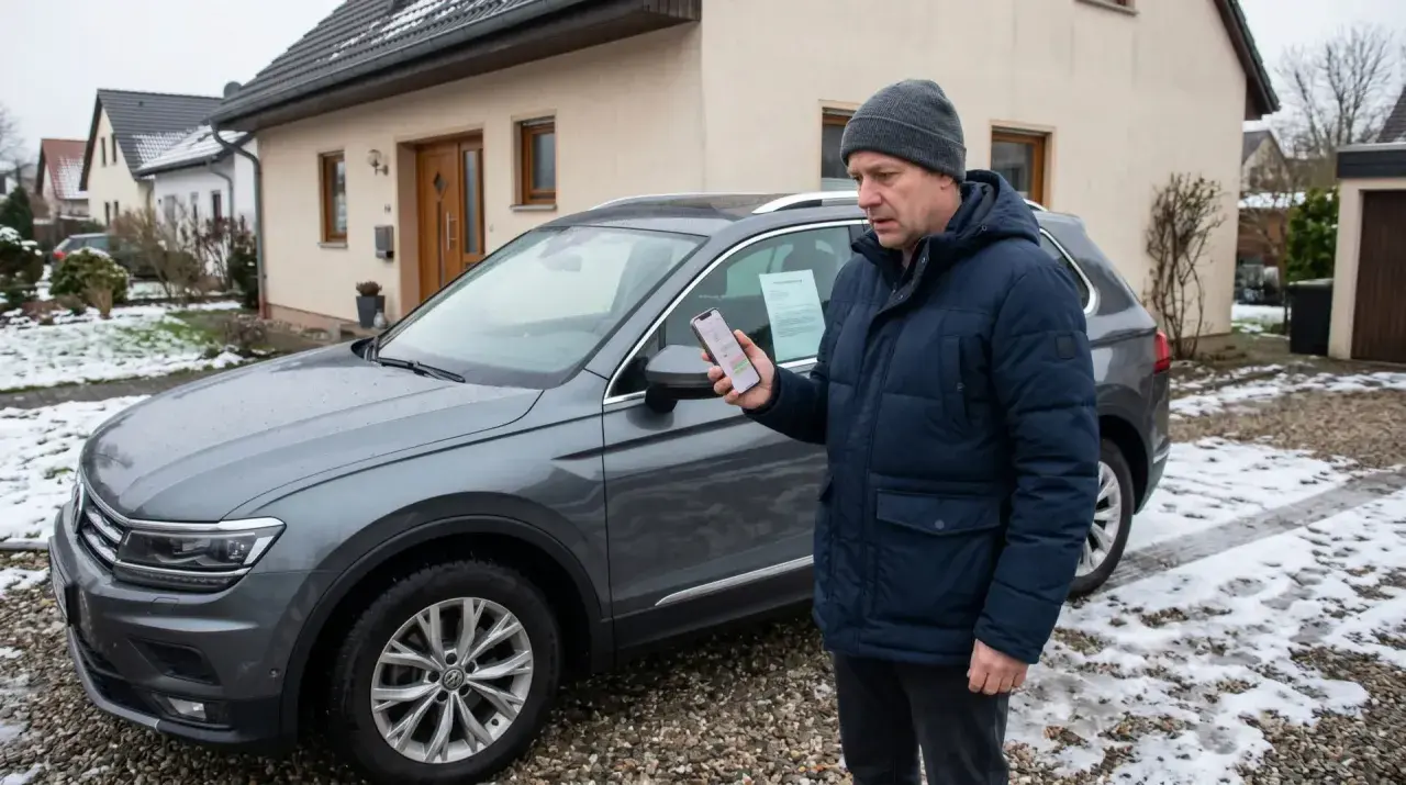 Mann mit Handy vor Auto, informiert sich über sein Widerrufsrecht beim Online-Kauf.