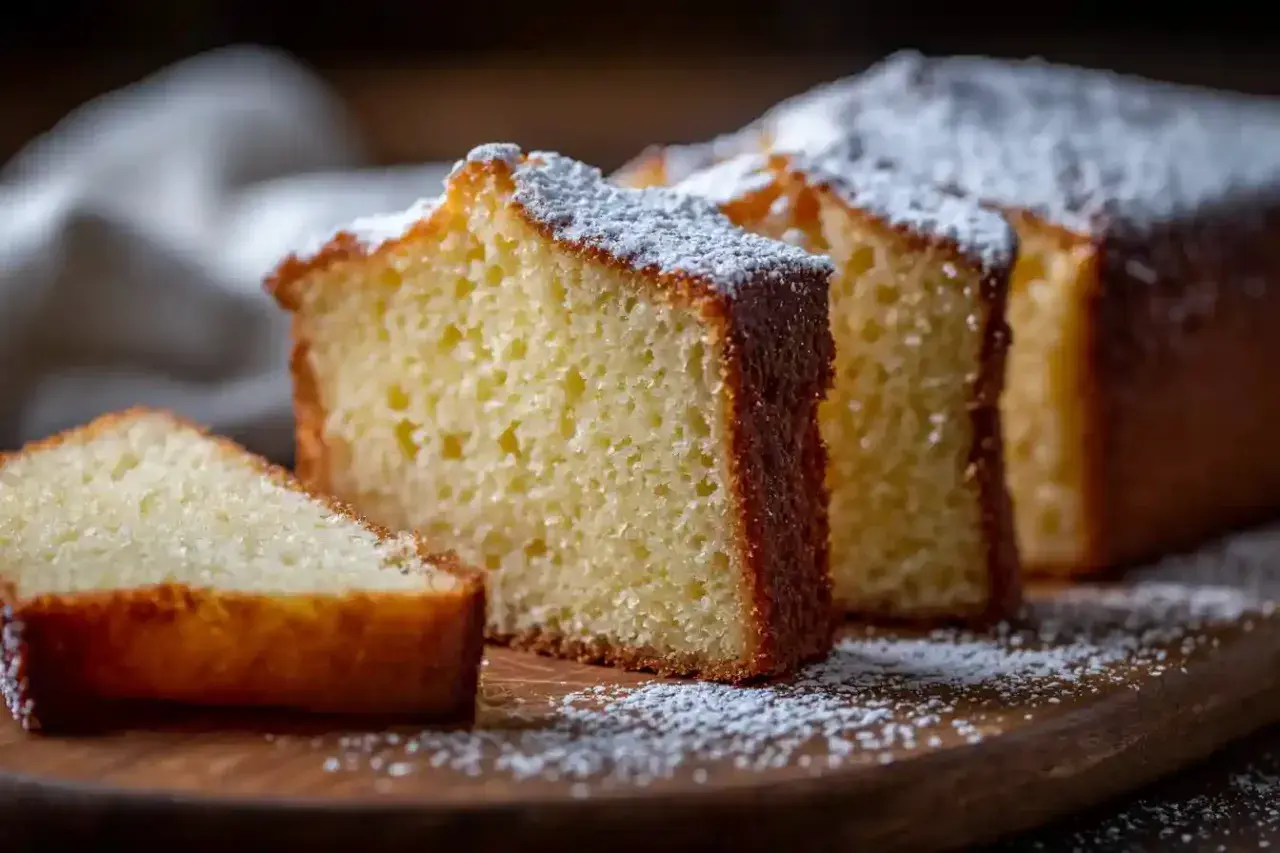 Tranches d'un délicieux gâteau moelleux saupoudré de sucre glace sur une planche en bois.