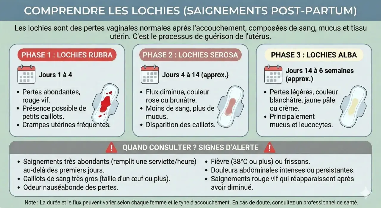 Infographie expliquant les lochies, pertes post-accouchement. Phase 1 : abondantes, rouge vif. Phase 2 : flux diminue, rose/brunâtre. Phase 3 : légères, blanchâtres. Signes d'alerte : saignements abondants, fièvre.