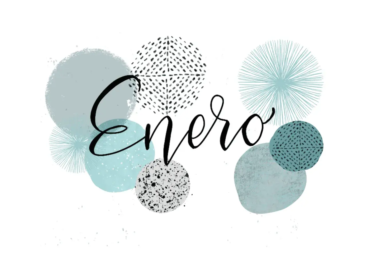 Enero con letras bonitas, rodeado de círculos y formas abstractas en tonos azules y grises.