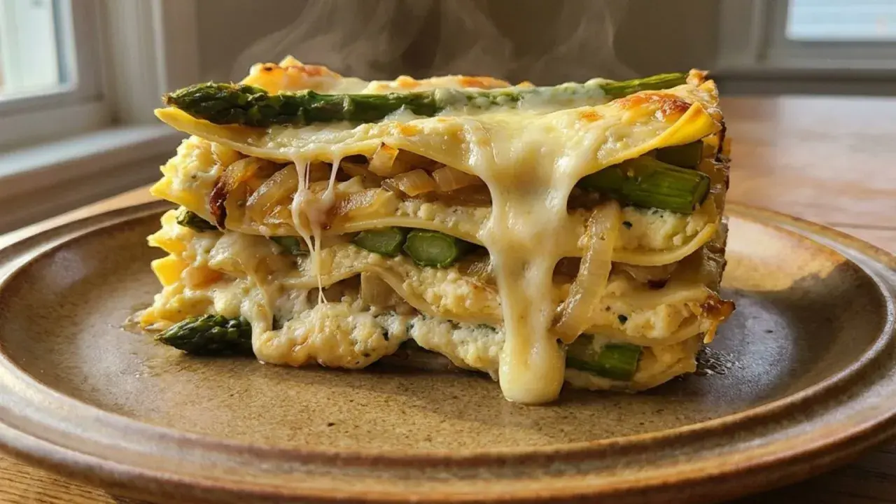 Pyszne, gorące warstwy lasagne z szparagami i ciągnącym się serem, podane na brązowym talerzu.