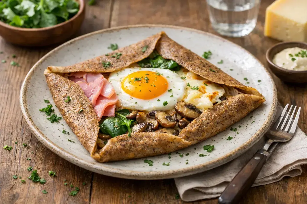 Une galette garnie d'un œuf au plat, de jambon, de champignons et d'épinards. Un délice de crêpes salées !