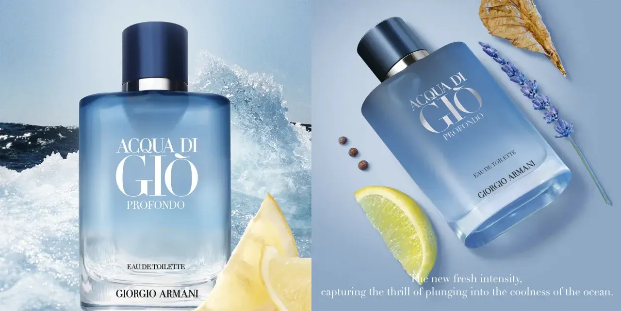 Flakon Acqua di Gio Profondo Giorgio Armani na tle morskich fal i z dodatkiem cytryny, lawendy i pieprzu.