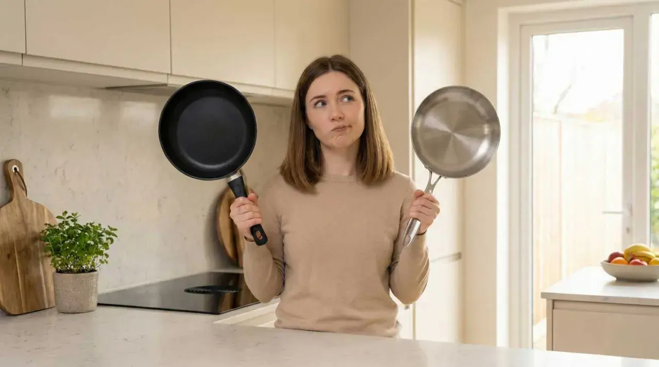Une femme hésite entre une poêle antiadhésive et une poêle en inox. Quel ustensile représente un danger ?